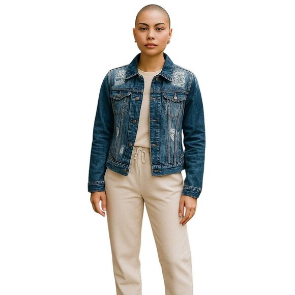 Juicy Couture XS Rhinestone Distressed Denim Jacket Y2K Bling Glam Grunge - Picture 5 of 13